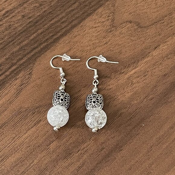 Cracked Quartz Antiqued Silver Pierced Drop Earrings - Picture 2 of 4